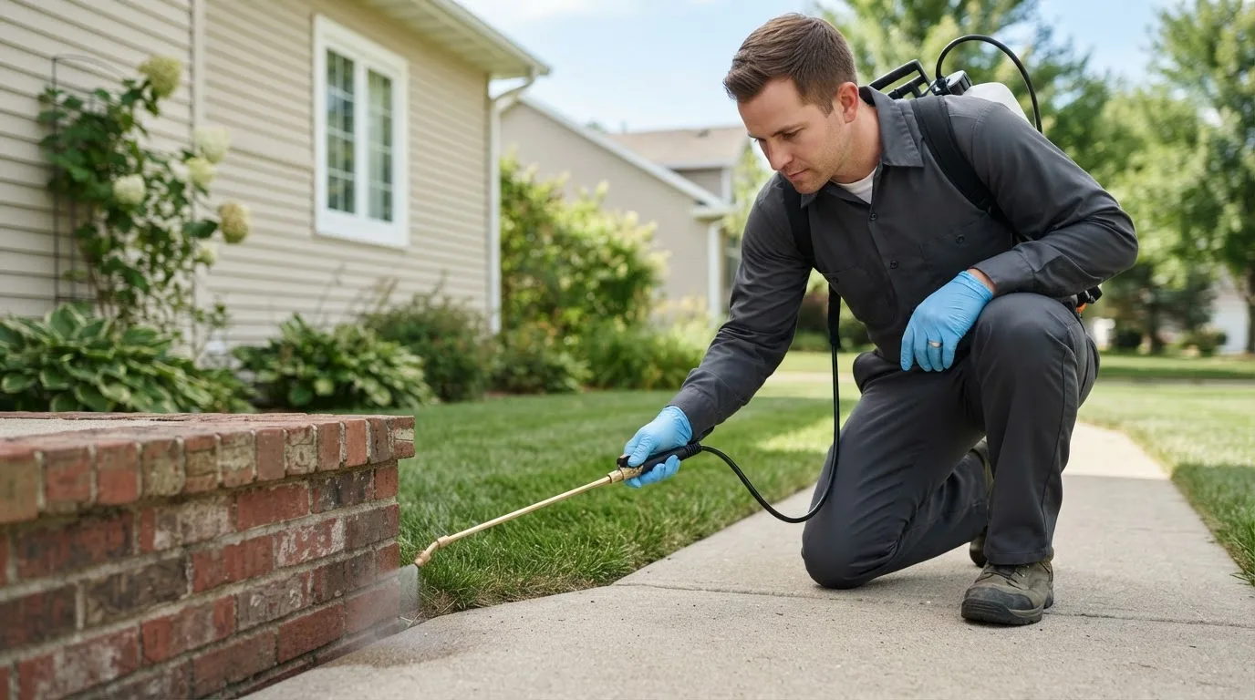 Pest control technician treating a home near Conrad, IA