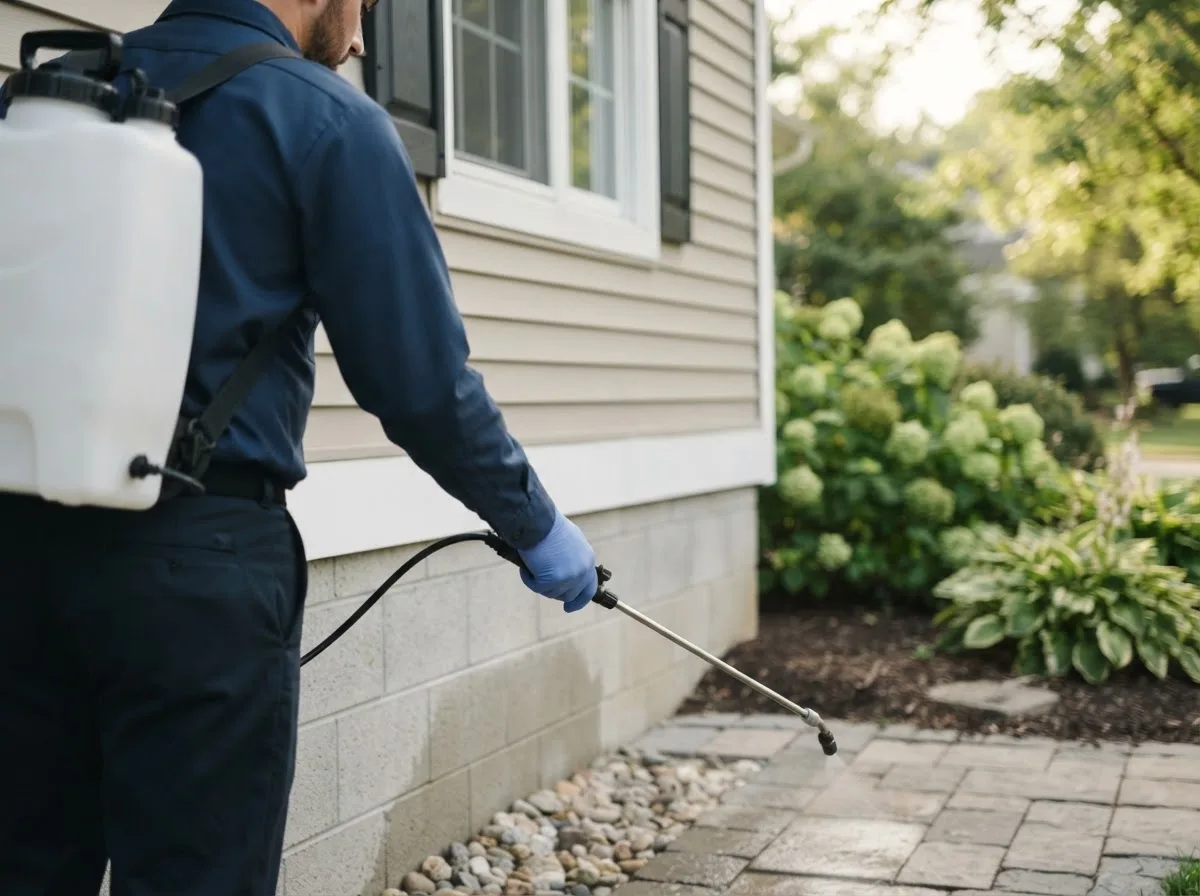 Pest control technician inspecting a home in Conrad, IA